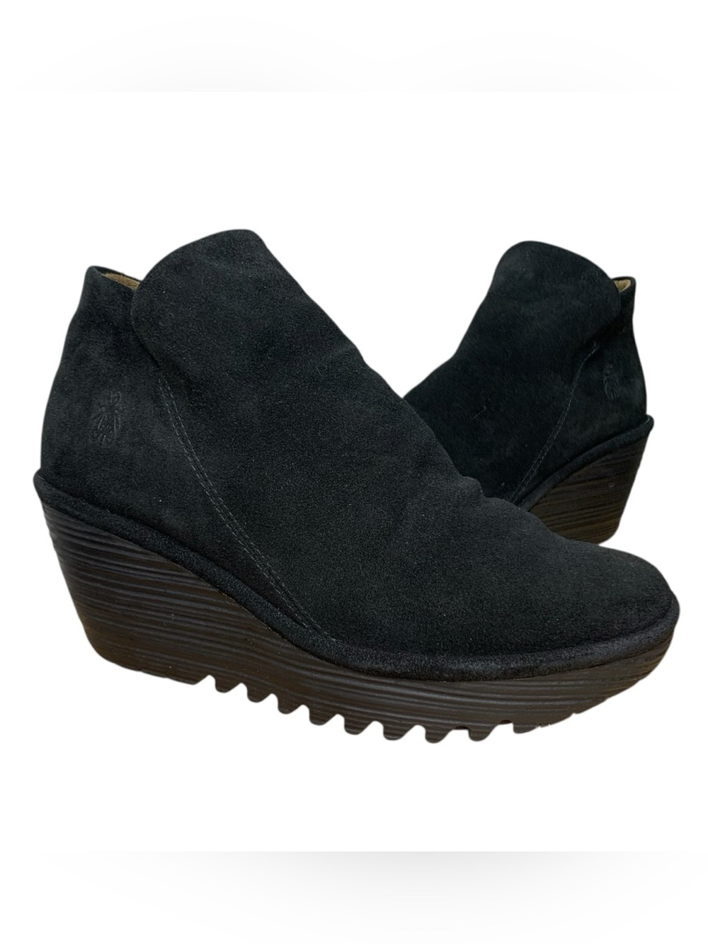 Fly London Yip Black Suede Wedge Ankle Boots Sz 38 Comfort Minimalist Booties